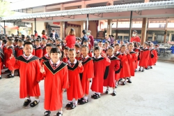 20211224101730.jpg - กิจกรรมถ่ายรูปหมู่นักเรียนชั้นอนุบาล 3 ปีการศึกษา 2564 ในชุดครุยสีแดงดำ เป็นสัญลักษณ์การเตรียมความพร้อมเพื่อเลื่อนขึ้นชั้นประถมศึกษาปีที่ 1 | https://www.pongsanook.ac.th